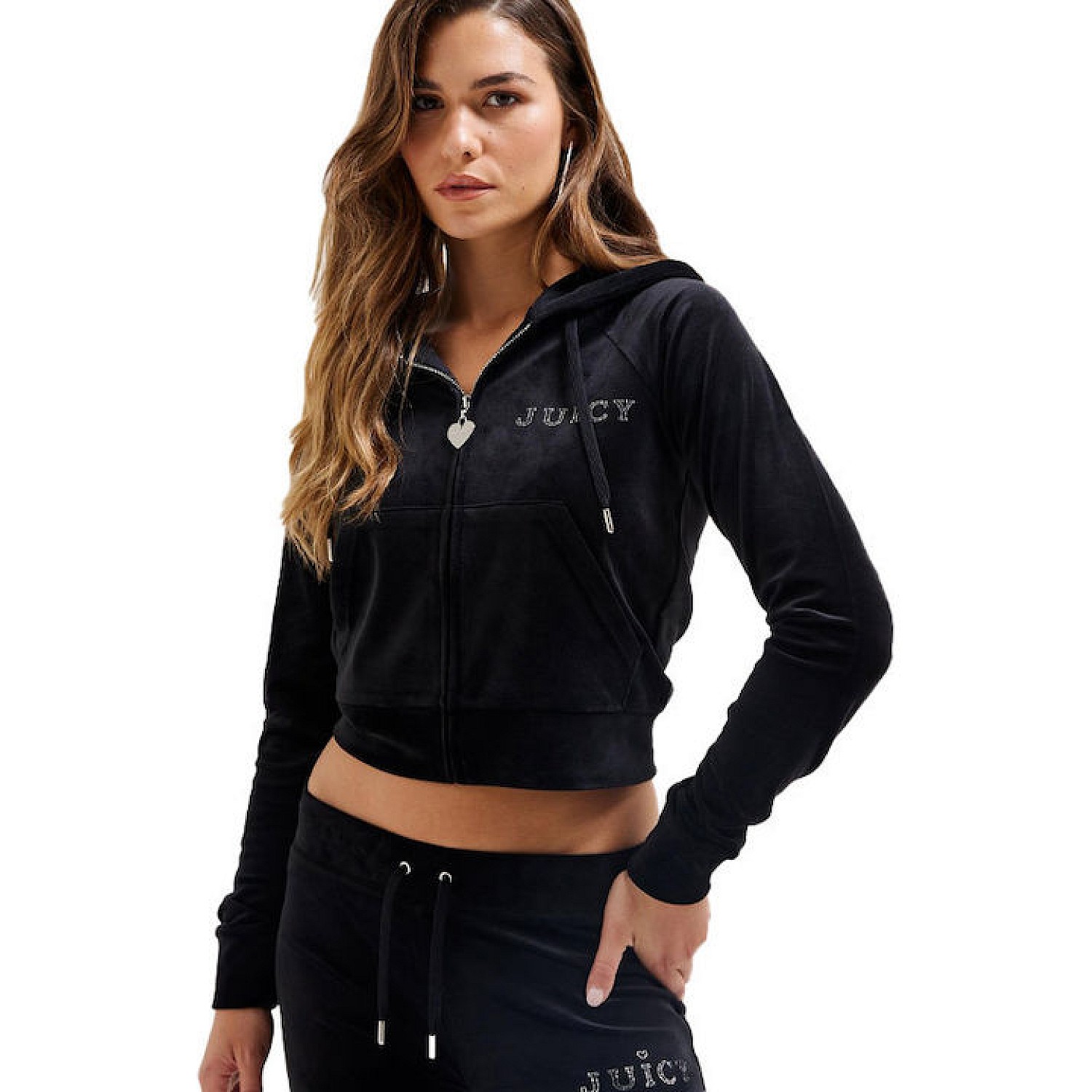 Juicy Couture Μακριά Γυναικεία Ζακέτα Φούτερ Βελουτέ με Κουκούλα