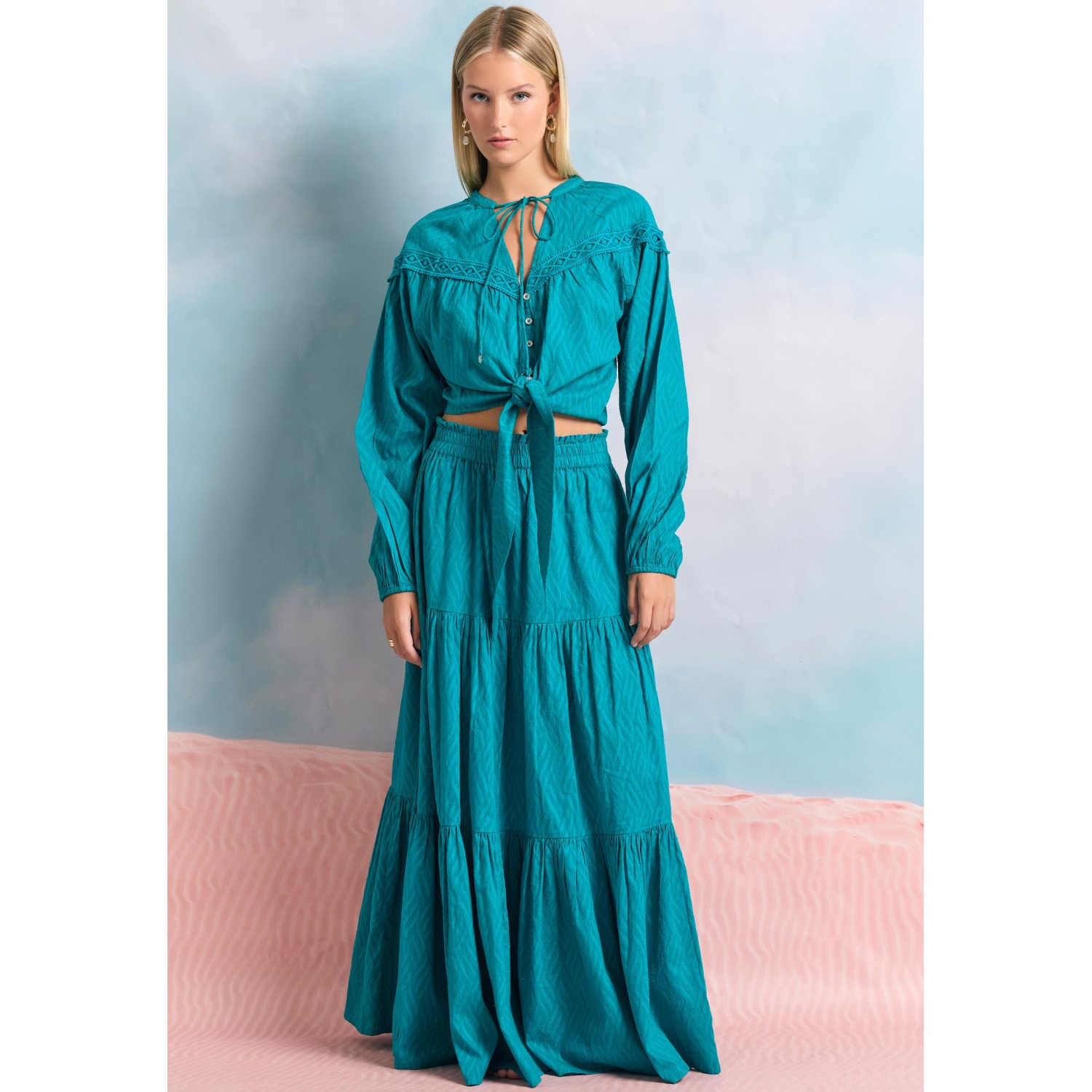 Relaxed fit φούστα με βολάν σε ζακάρ ύφανση