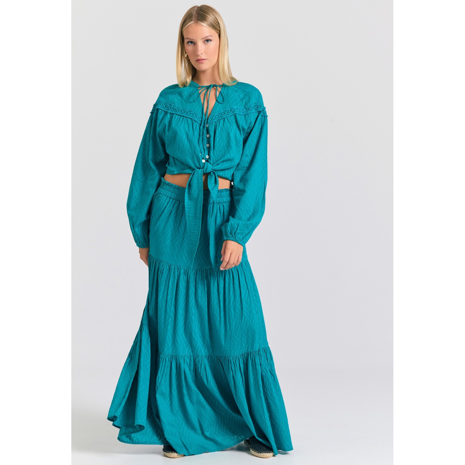 Relaxed fit φούστα με βολάν σε ζακάρ ύφανση