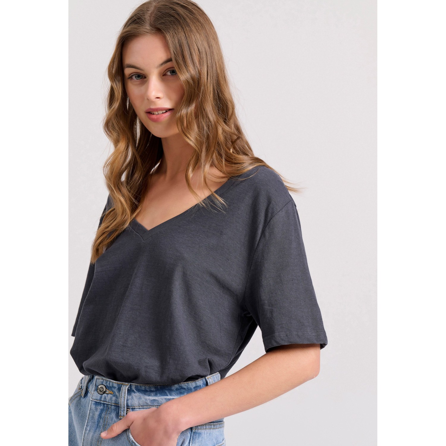 Relaxed linen blend μονόχρωμο t-shirt