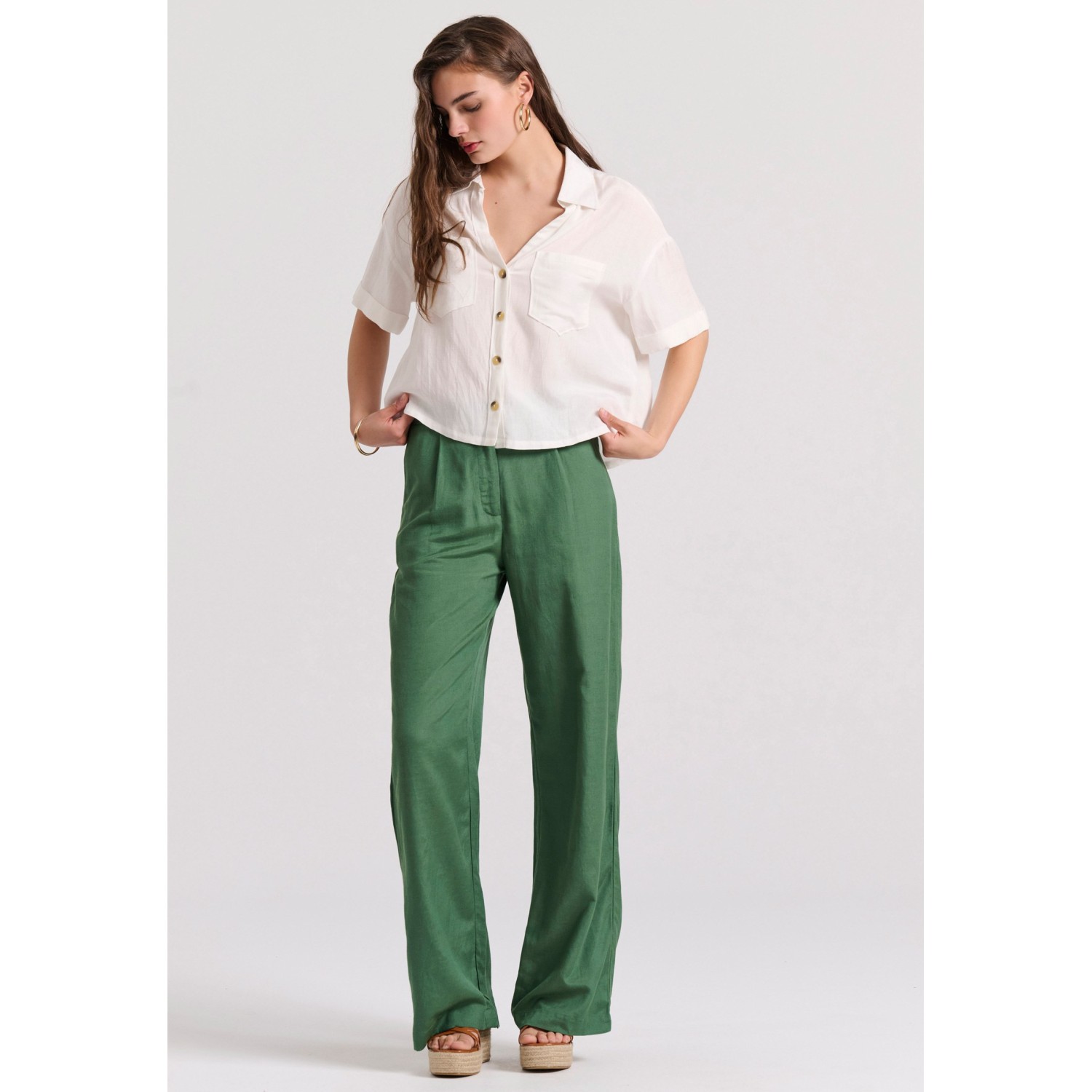 Wide leg linen blend παντελόνα με μονή πιέτα