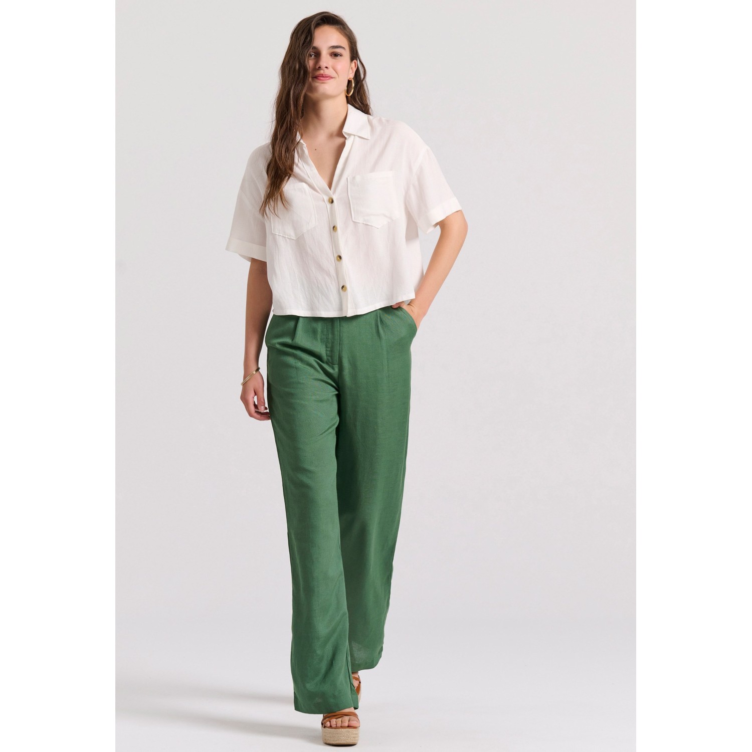 Wide leg linen blend παντελόνα με μονή πιέτα