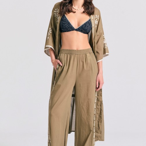Wide leg παντελόνα με πλαϊνό κέντημα