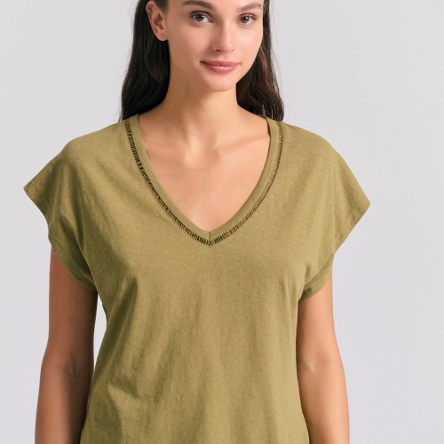Γυναικείο linen blend μονόχρωμο t-shirt