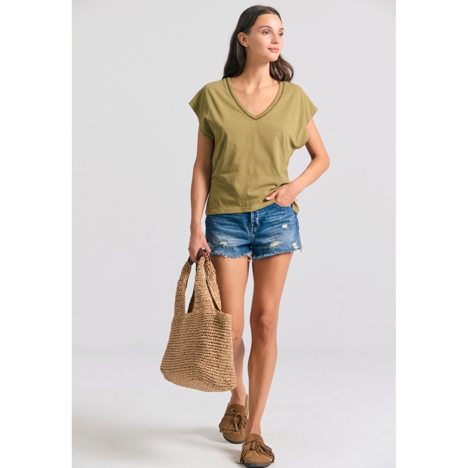 Γυναικείο linen blend μονόχρωμο t-shirt