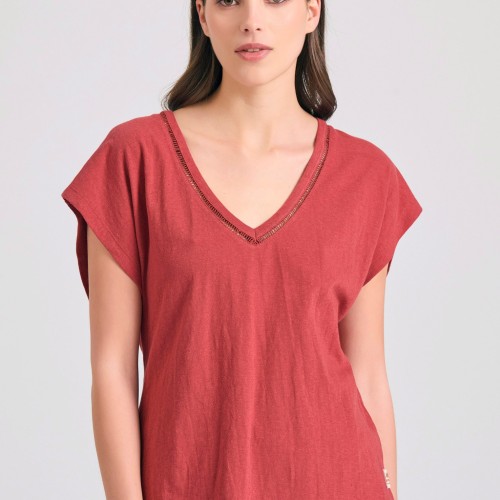 Γυναικείο linen blend μονόχρωμο t-shirt