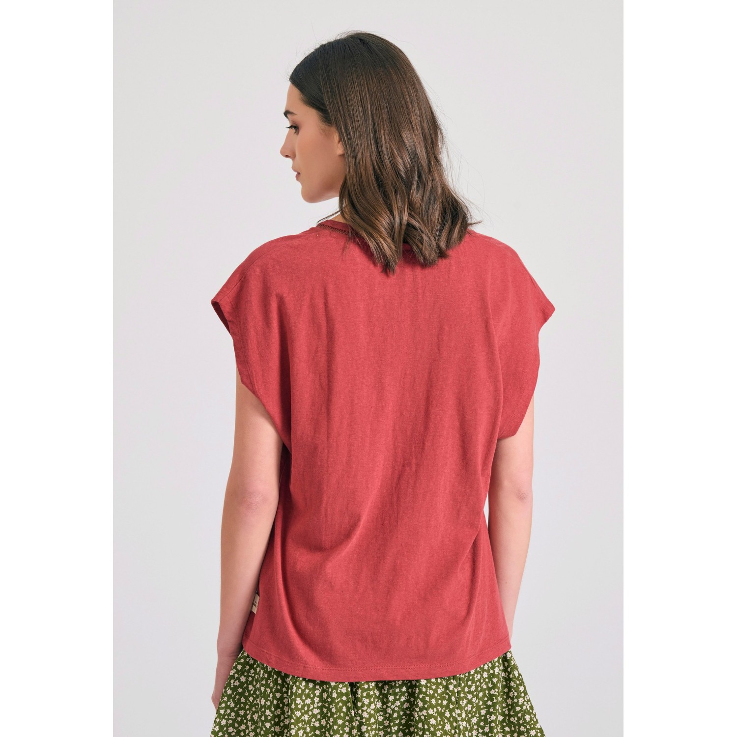 Γυναικείο linen blend μονόχρωμο t-shirt