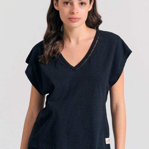 Γυναικείο linen blend μονόχρωμο t-shirt