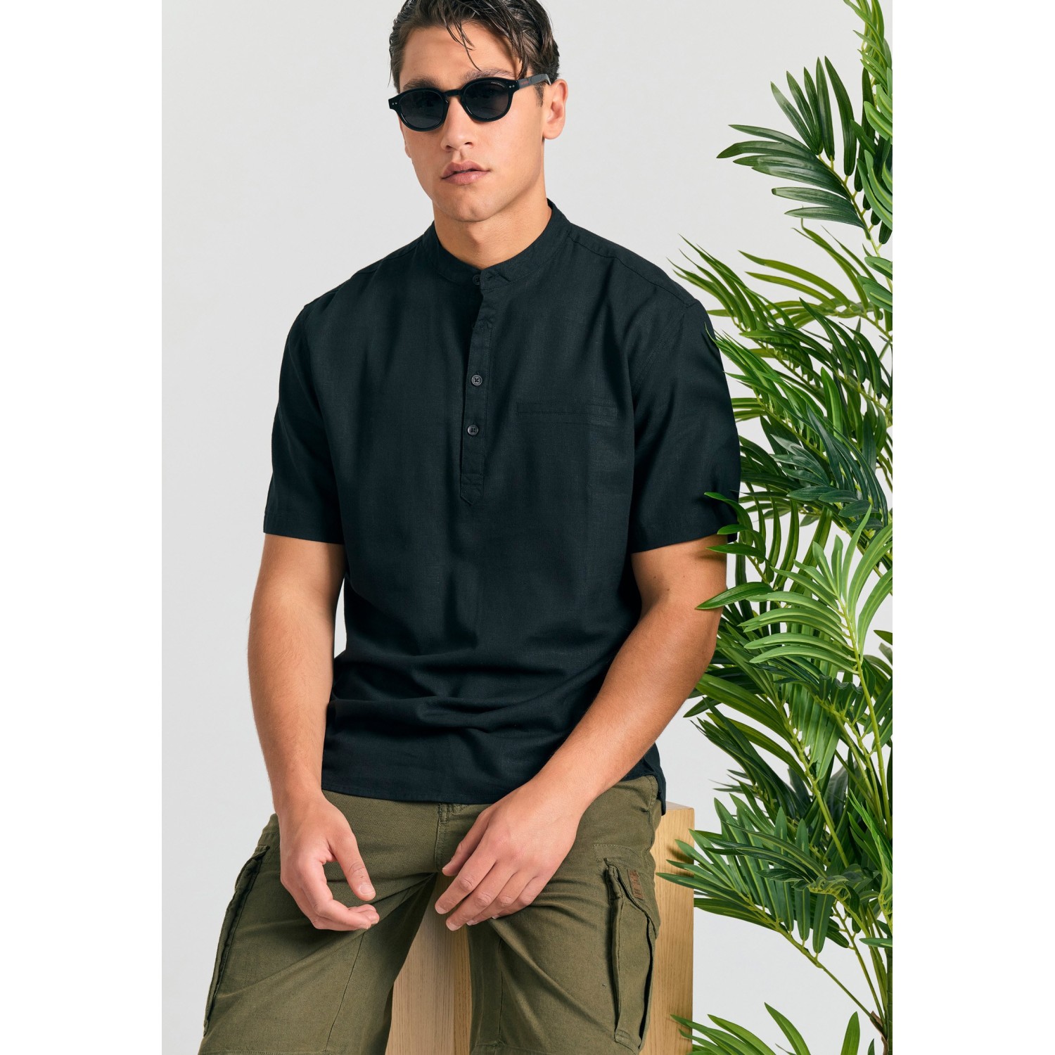 Λινή κοντομάνικη πουκαμίσα relaxed fit