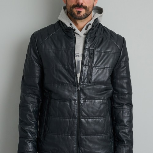 Unisex Δερμάτινο Τζάκετ με Κουκούλα NAVY & GREEN