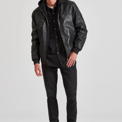 FUNKY BUDDHA Biker μπουφάν από οικολογικό δέρμα με κουκούλα (PU