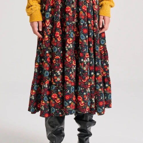 FUNKY BUDDHA Midi εμπριμέ φούστα με βολάν