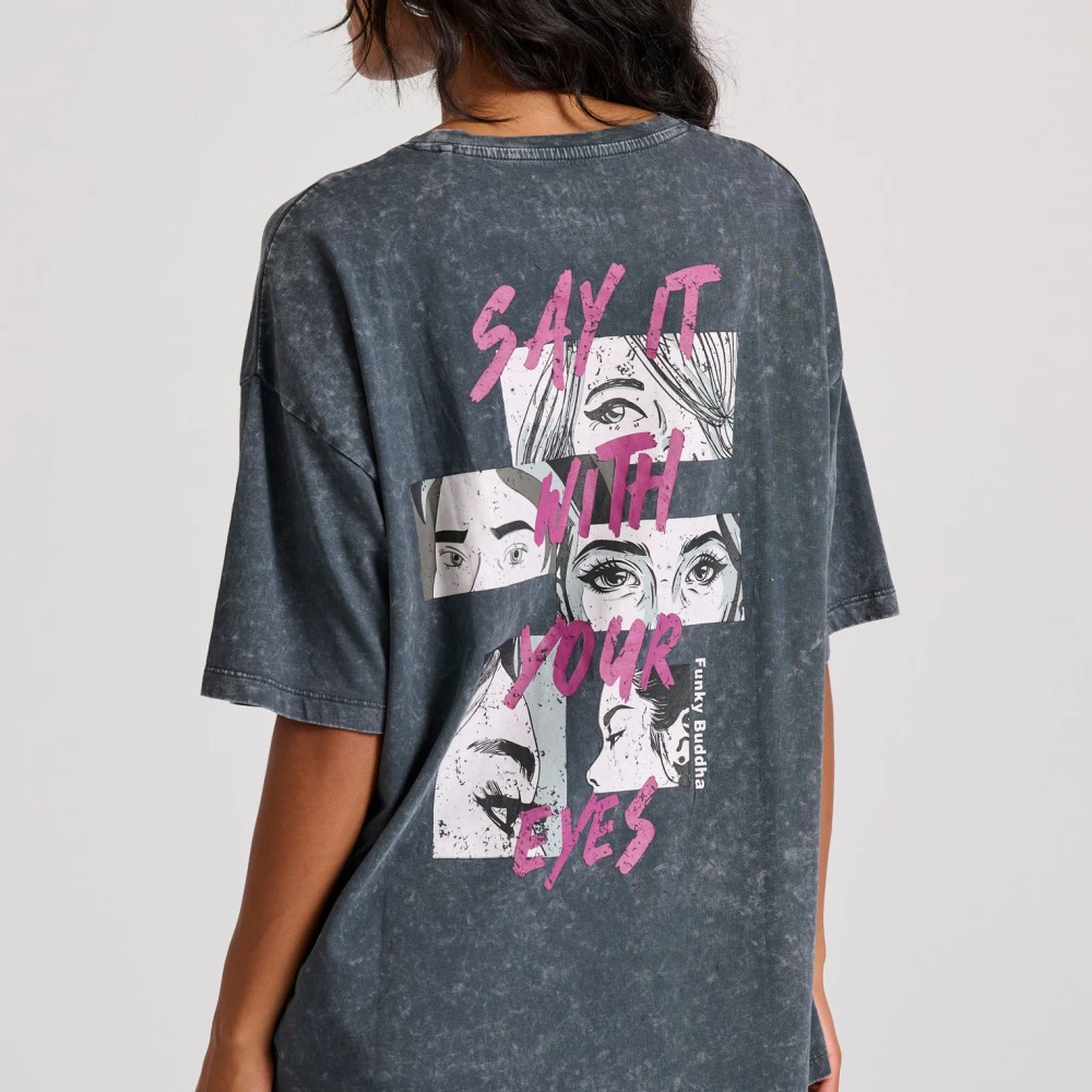 FUNKY BUDDHA Oversized garment dyed t-shirt με τύπωμα στην πλάτ