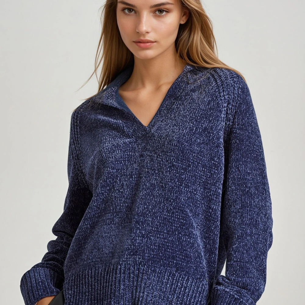 FUNKY BUDDHA V-neck σενίλ πουλόβερ με δίπλωμα στα μανίκια