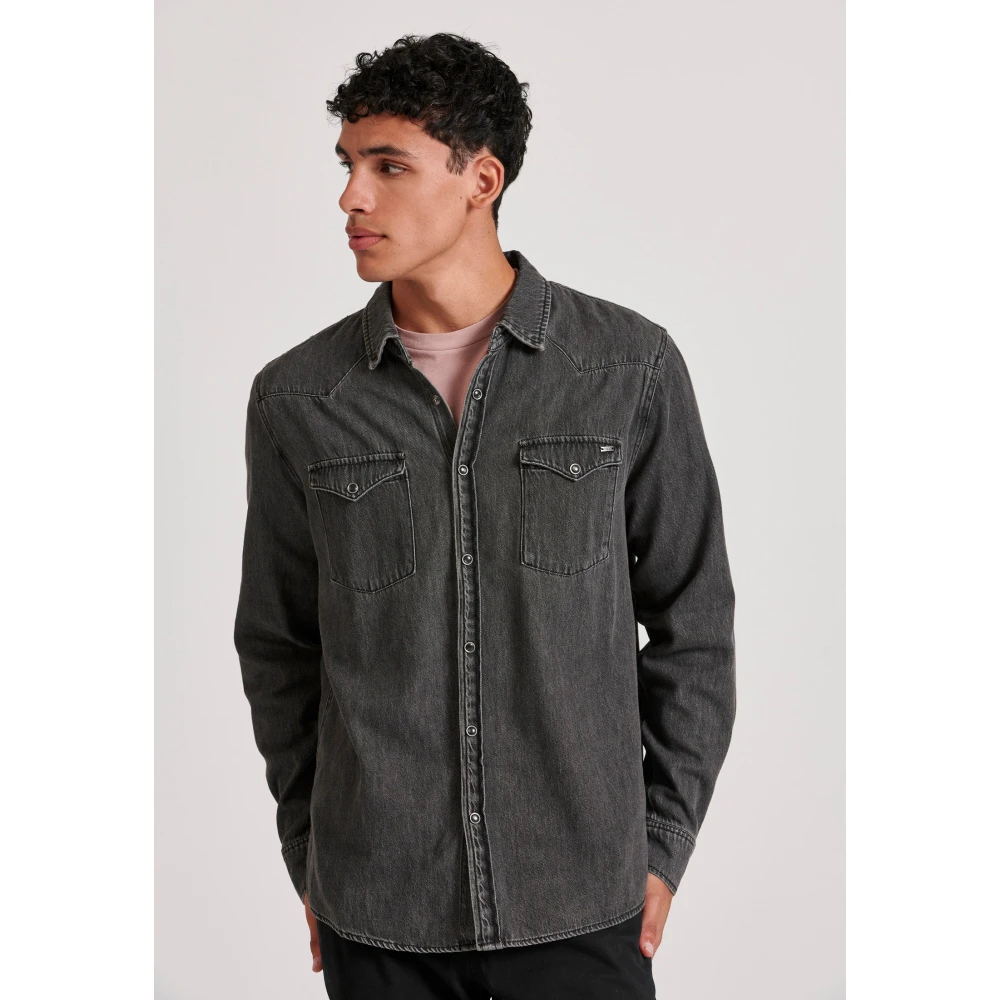 FUNKY BUDDHA Ανδρικό denim πουκάμισο με washed effects