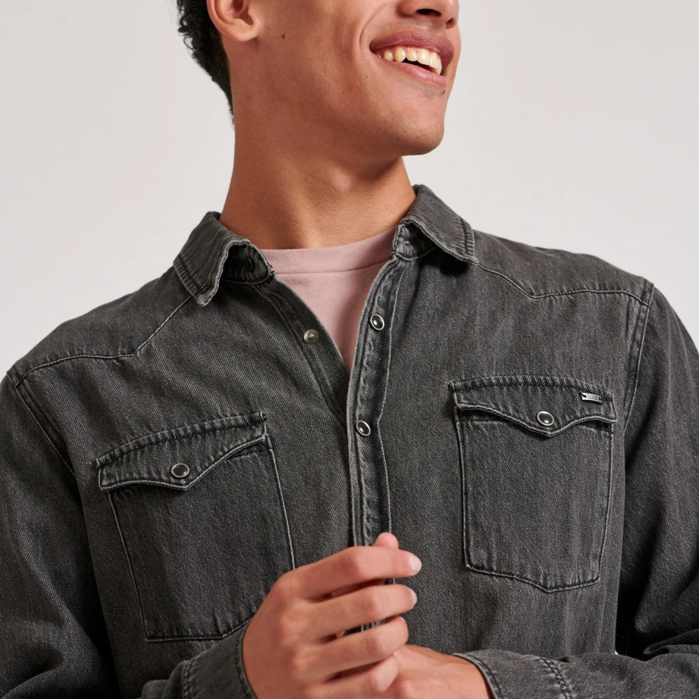 FUNKY BUDDHA Ανδρικό denim πουκάμισο με washed effects