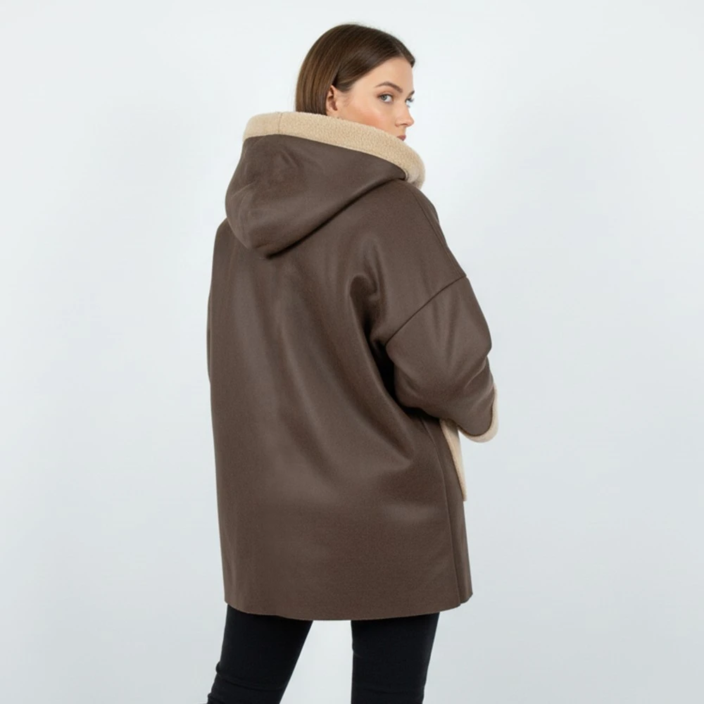 CAVALIERI Μπουφάν Δερμάτινο με Κουκούλα και Γούνα Γυναικείο