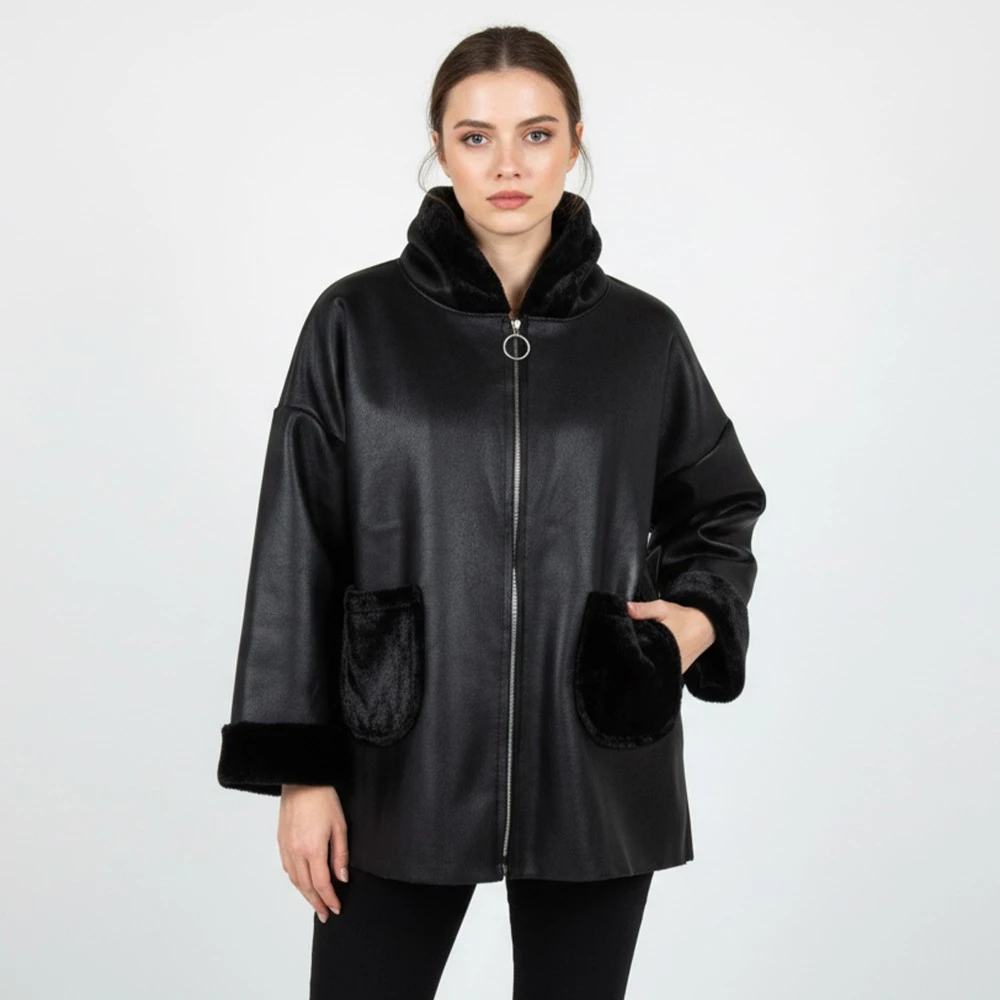 CAVALIERI Μπουφάν Δερμάτινο με Κουκούλα και Γούνα Γυναικείο