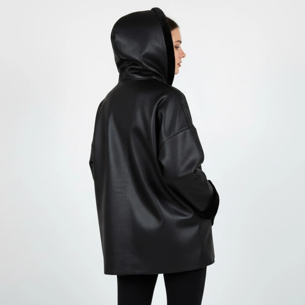 CAVALIERI Μπουφάν Δερμάτινο με Κουκούλα και Γούνα Γυναικείο